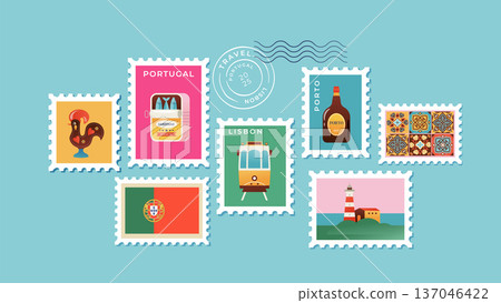 Portugal postage stamps collection. Famous attractions, landmarks and touristic symbols colorful Portugal postage stamps collection. Famous attractions, landmarks and touristic symbols colorful 137046422