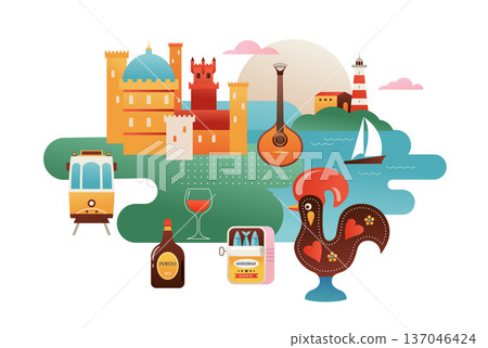 Portugal touristic attractions, landmarks and symbols colorful banner, poster and postcard 137046424