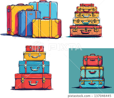 Vsai colorful vintage luggage bags stacked for travel trip Vsai colorful vintage luggage bags stacked for travel trip 137046445