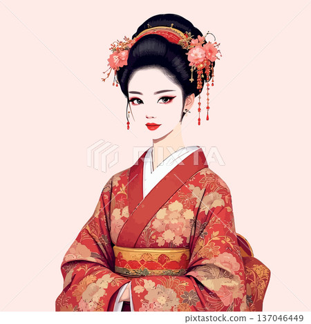 Vsai geisha woman wearing traditional kimono with ornate flowers 137046449