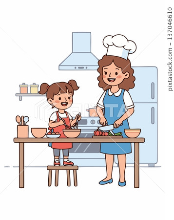 Cartoon illustration of mother and daughter cooking together 137046610
