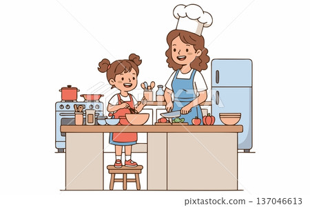 Cartoon illustration of mother and daughter cooking together 137046613