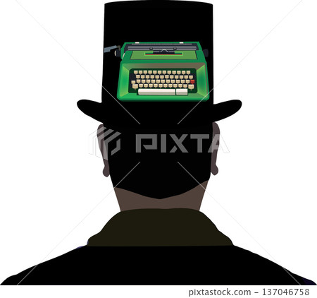 Writer wearing top hat with typewriter on his head generating ideas Writer wearing top hat with typewriter on his head generating ideas 137046758