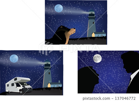 Triptych showing couple, dog, rv, and lighthouse at night 137046772