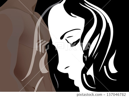 Sad woman facing away from man's silhouette, representing breakup and lost love 137046782
