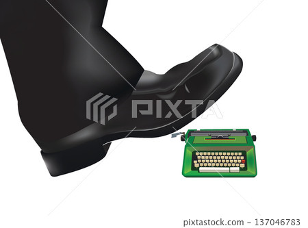 Businessman crushing vintage typewriter with foot, overcoming writer's block 137046783