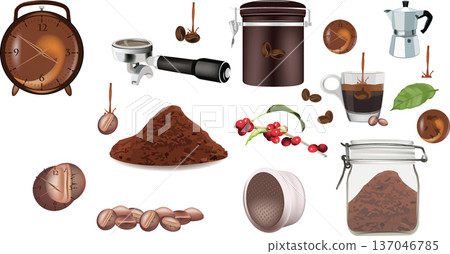 Coffee time, beans, ground coffee, espresso machine portafilter, coffee plant branch, and moka pot Coffee time, beans, ground coffee, espresso machine portafilter, coffee plant branch, and moka pot 137046785