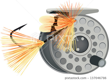 Fly fishing reel with fly hooked on line isolated on white background Fly fishing reel with fly hooked on line isolated on white background 137046786