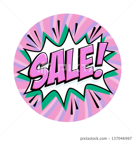 Round sale sticker with glossy pink lettering on white burst shape, with green spikes and soft purple spiral background. Vibrant badge in retro comic style for boutique promos, fashion discounts Round sale sticker with glossy pink lettering on white burst shape, with green spikes and soft purple spiral background. Vibrant badge in retro comic style for boutique promos, fashion discounts 137046997