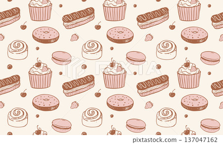 Vintage patisserie seamless pattern with cupcake, meringue, donut and eclair cake icons. Vintage patisserie seamless pattern with cupcake, meringue, donut and eclair cake icons. 137047162