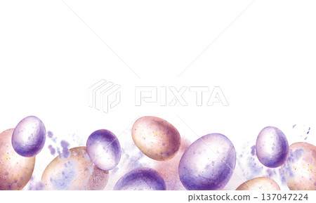 A horizontal frame of painted eggs on a background of splashes of paint. Watercolor illustration with pink and purple Easter eggs on an isolated background. A festive banner with a place to insert for A horizontal frame of painted eggs on a background of splashes of paint. Watercolor illustration with pink and purple Easter eggs on an isolated background. A festive banner with a place to insert for 137047224