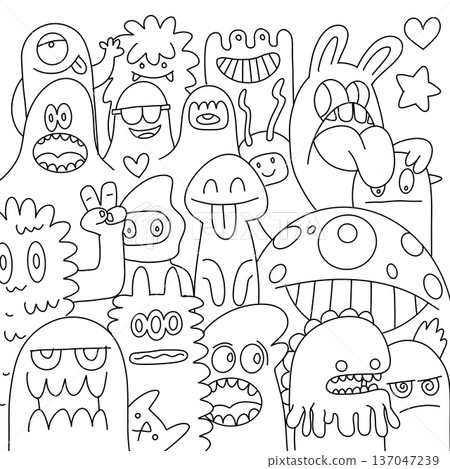 Cute monster cartoon doodle happy funny line art black and white group playful 137047239