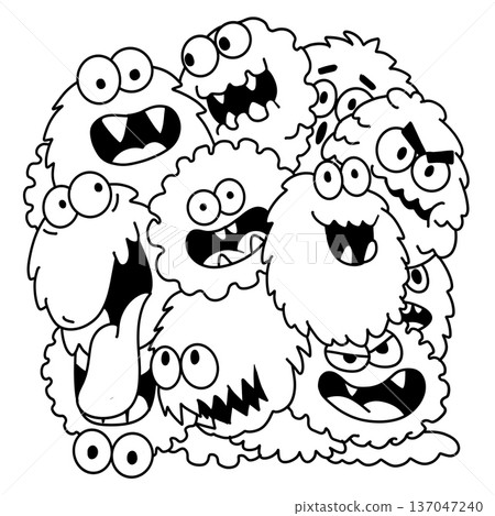 Cute monster cartoon fluffy funny happy group doodle expressive black and white 137047240