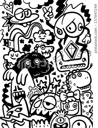 Cartoon doodle monster cloud rainbow happy abstract black and white playful creative fun fantasy Cartoon doodle monster cloud rainbow happy abstract black and white playful creative fun fantasy 137047249