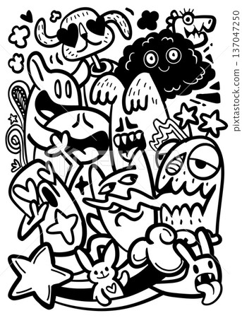 Cartoon doodle monster cloud star heart playful happy expressive black and white illustration Cartoon doodle monster cloud star heart playful happy expressive black and white illustration 137047250