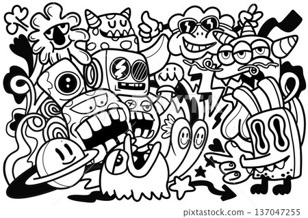 Cartoon monster doodle robot alien happy funny black and white abstract playful illustration Cartoon monster doodle robot alien happy funny black and white abstract playful illustration 137047255