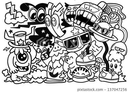 Cartoon doodle monster sunglasses hat sneaker cloud star playful fun energetic black and white 137047256