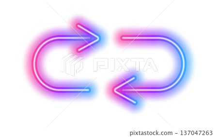 Neon circle arrow with glowing circular light effect on dark background. Futuristic red and blue gradient design with dynamic speed lines and electric energy glow. 137047263