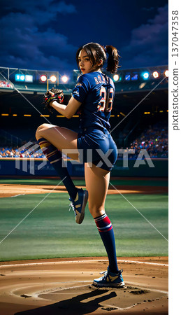 女子棒球救援投手投球練習 女棒球運動員 137047358