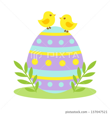 Easter egg with little spring birds and green leaves vector illustration in minimalist flat style. Colorful clipart design element. Pastel colors. Easter egg with little spring birds and green leaves vector illustration in minimalist flat style. Colorful clipart design element. Pastel colors. 137047521
