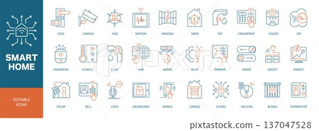 Smart Home Linear Icons Set with Security System, Garage, WiFi Router, Automation Devices, Modern Outline Vector Collection Isolated 137047528