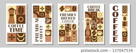 Coffee Themed Geometric Banners Collection. Abstract geometric background. Coffee icons, design with simple shapes for coffee shops, product packaging, cafe 137047534