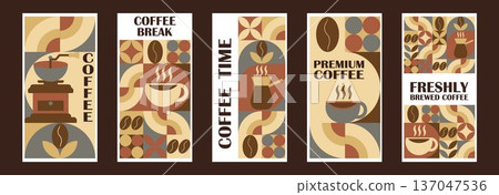 Coffee Themed Geometric Banners Collection. Abstract geometric background. Coffee icons, design with simple shapes for coffee shops, product packaging, cafe Coffee Themed Geometric Banners Collection. Abstract geometric background. Coffee icons, design with simple shapes for coffee shops, product packaging, cafe 137047536