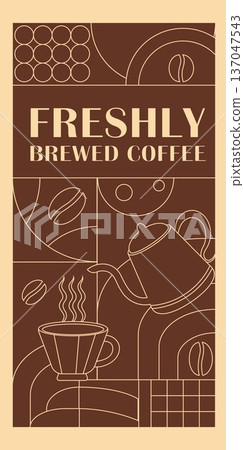 Coffee Themed Geometric Banners Collection. Hand drawn illustration of Coffee. Abstract geometric line background. Coffee icons, with simple shapes for coffee shops, product packaging, cafe 137047543