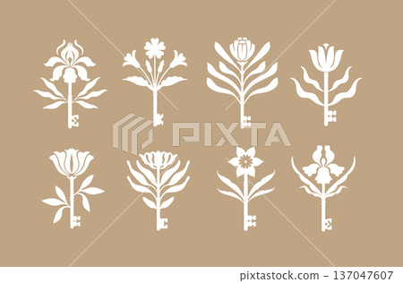 Keys and flowers botanical collection beige Keys and flowers botanical collection beige 137047607