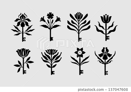 Keys and flowers botanical collection black Keys and flowers botanical collection black 137047608