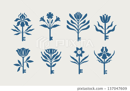 Keys and flowers botanical collection blue Keys and flowers botanical collection blue 137047609