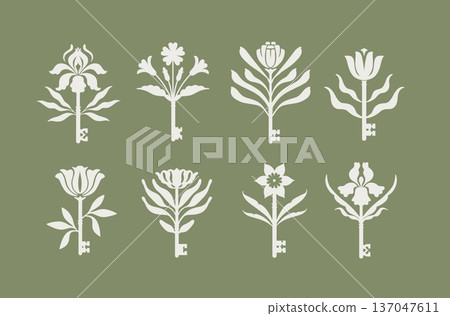 Keys and flowers botanical collection green Keys and flowers botanical collection green 137047611