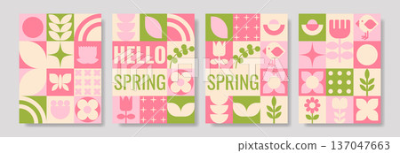 Geometric flat composition of plants and flowers Hello Spring Geometric flat composition of plants and flowers Hello Spring 137047663