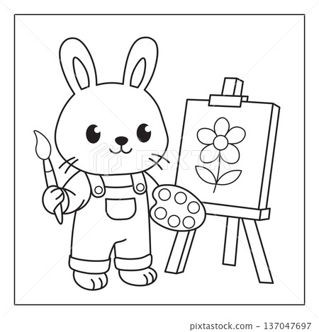 Cute Bunny Painting a Flower  Adorable Outline Coloring Page for Kids 137047697