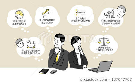 Illustration of the problems of dual-income couples struggling with double caregiving. Middle-aged people facing the balance of childcare, nursing care, and work. Illustration of the problems of dual-income couples struggling with double caregiving. Middle-aged people facing the balance of childcare, nursing care, and work. 137047707