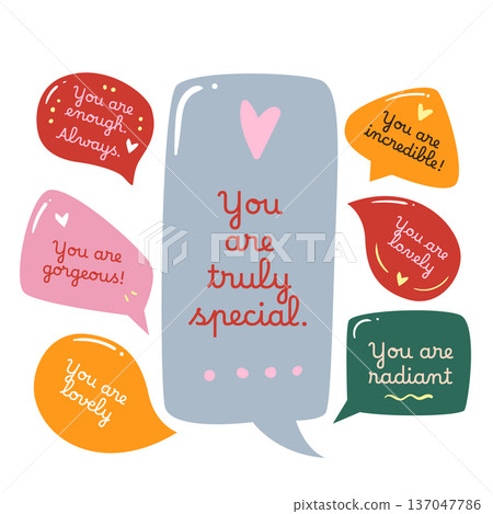 Set of cute speech bubbles with warm compliments. Perfect for stickers cards social posts or any design that spreads kindness and positivity. 137047786