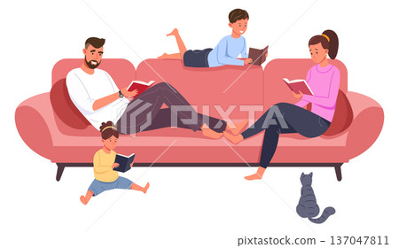 Family reading books together on home red sofa 137047811