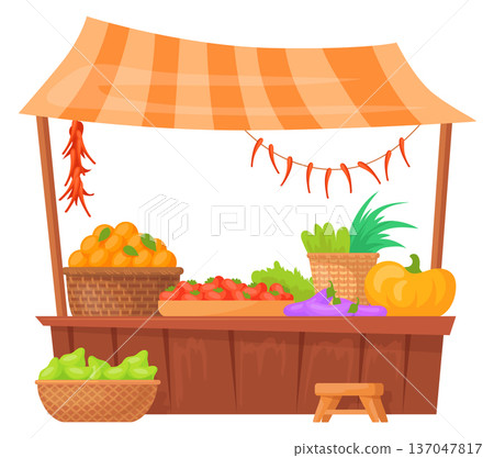 Fresh vegetable market stand. Farm stall front Fresh vegetable market stand. Farm stall front 137047817