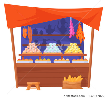 Arabic bazaar stall. Sweets and candy store tent Arabic bazaar stall. Sweets and candy store tent 137047822