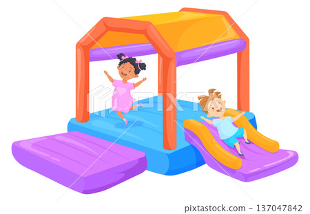 Inflatable playground with happy kids. Cartoon playground equipment Inflatable playground with happy kids. Cartoon playground equipment 137047842