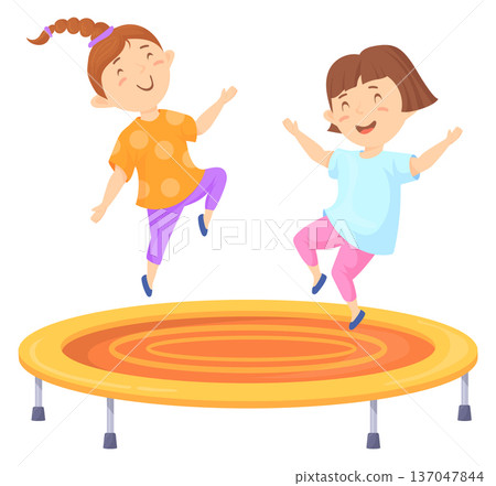 Kids jumping on trampoline. Happy cartoon children activity Kids jumping on trampoline. Happy cartoon children activity 137047844