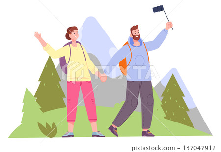 Outdoor travel selfie. Couple hiking make photo together Outdoor travel selfie. Couple hiking make photo together 137047912