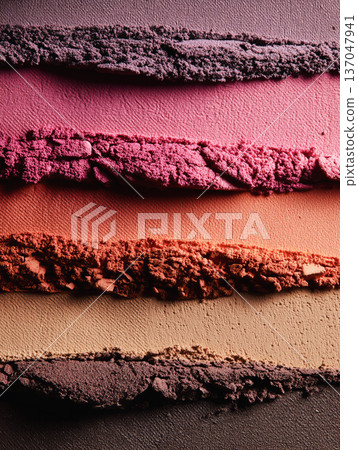 Crushed makeup powders arranged in rows in macro style on textured backdrop, conveying beauty and makeup shadows texture, swatches Crushed makeup powders arranged in rows in macro style on textured backdrop, conveying beauty and makeup shadows texture, swatches 137047941
