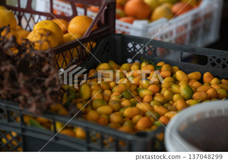 Small citrus fruits in plastic crates at roadside market, yellow and orange tones, shallow depth of field and natural light. Food retail, local produce marketing, and healthy eating communication 137048299