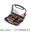 Professional drill bit and screwdriver set in a portable plastic case isolated on white background. 137048331