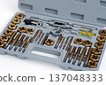 Comprehensive tap and die threading tool set with titanium coating in a gray plastic organizer case. 137048333
