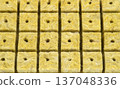 Mineral wool cubes. Seed germination cube. Mineral wool for germination isolated on white background. Pressed cube for hydroponics and aquaponics seed germination close-up 137048336