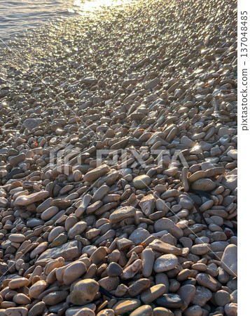 Sunlit pebbles on a beach 137048485