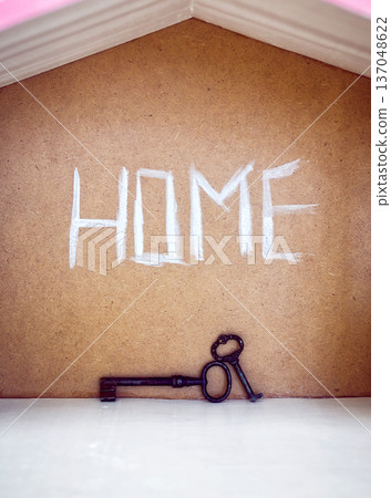 the inscription House on a brown wall with white paint the inscription House on a brown wall with white paint 137048622