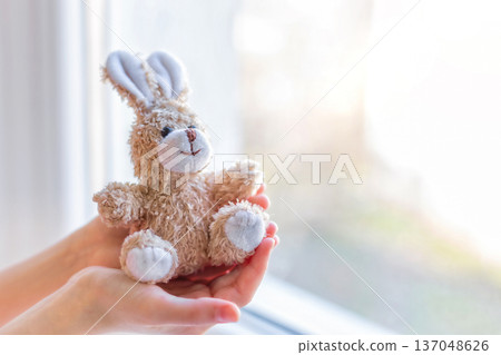soft toy little bunny in children's hands on an empty windowsill soft toy little bunny in children's hands on an empty windowsill 137048626